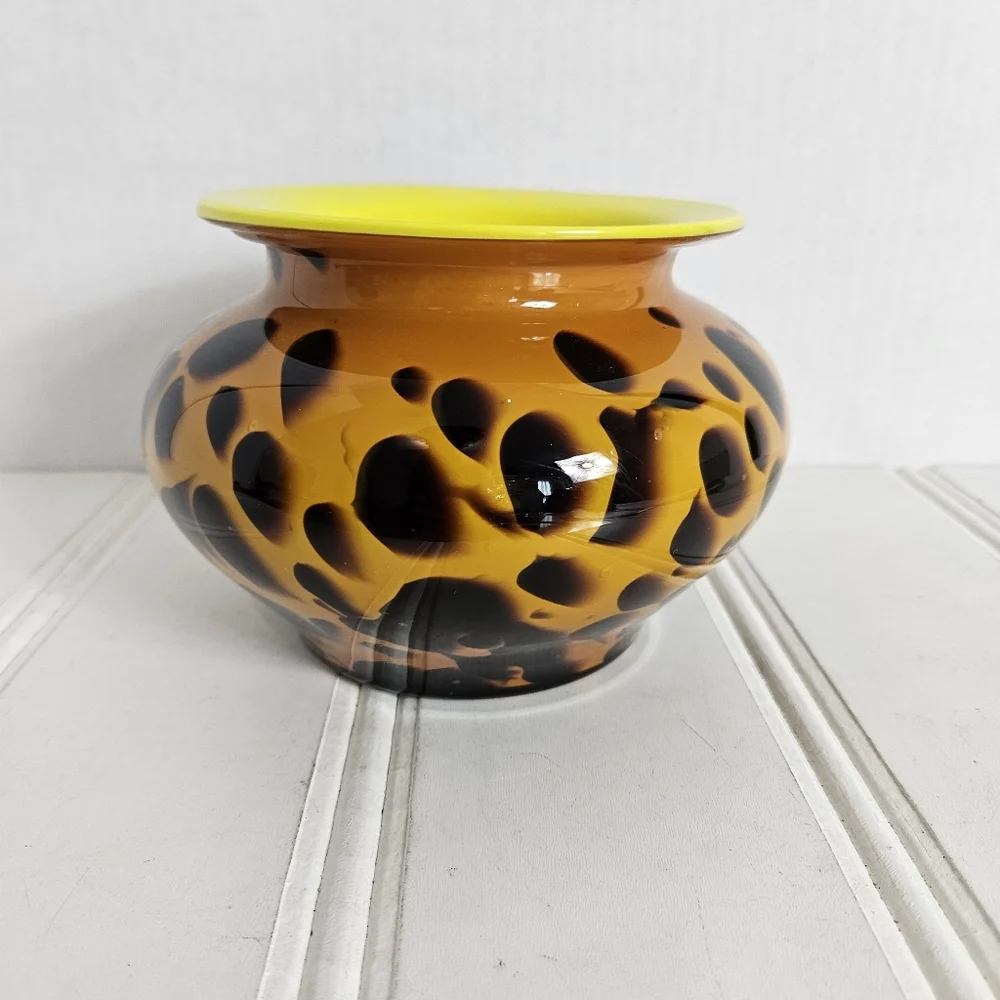 Hand Blown Art Glass Amber Leopard Tortoise Shell Vase Yellow Interior Decor - Picture 3 of 12
